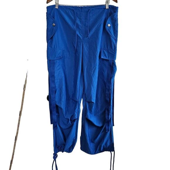Parachute Pants Womens Size Large Blue Wide Leg Cargo Stretch Drawstring Workout - Picture 1 of 11